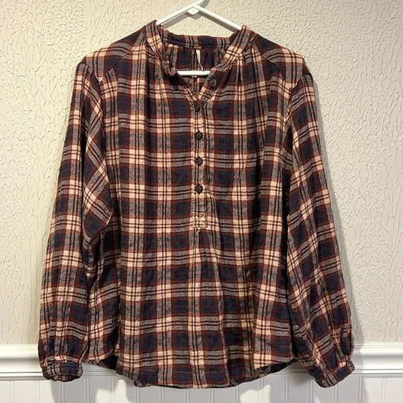 Free People Plaid Northern Bound Flannel Henley top size XS - Picture 2 of 11